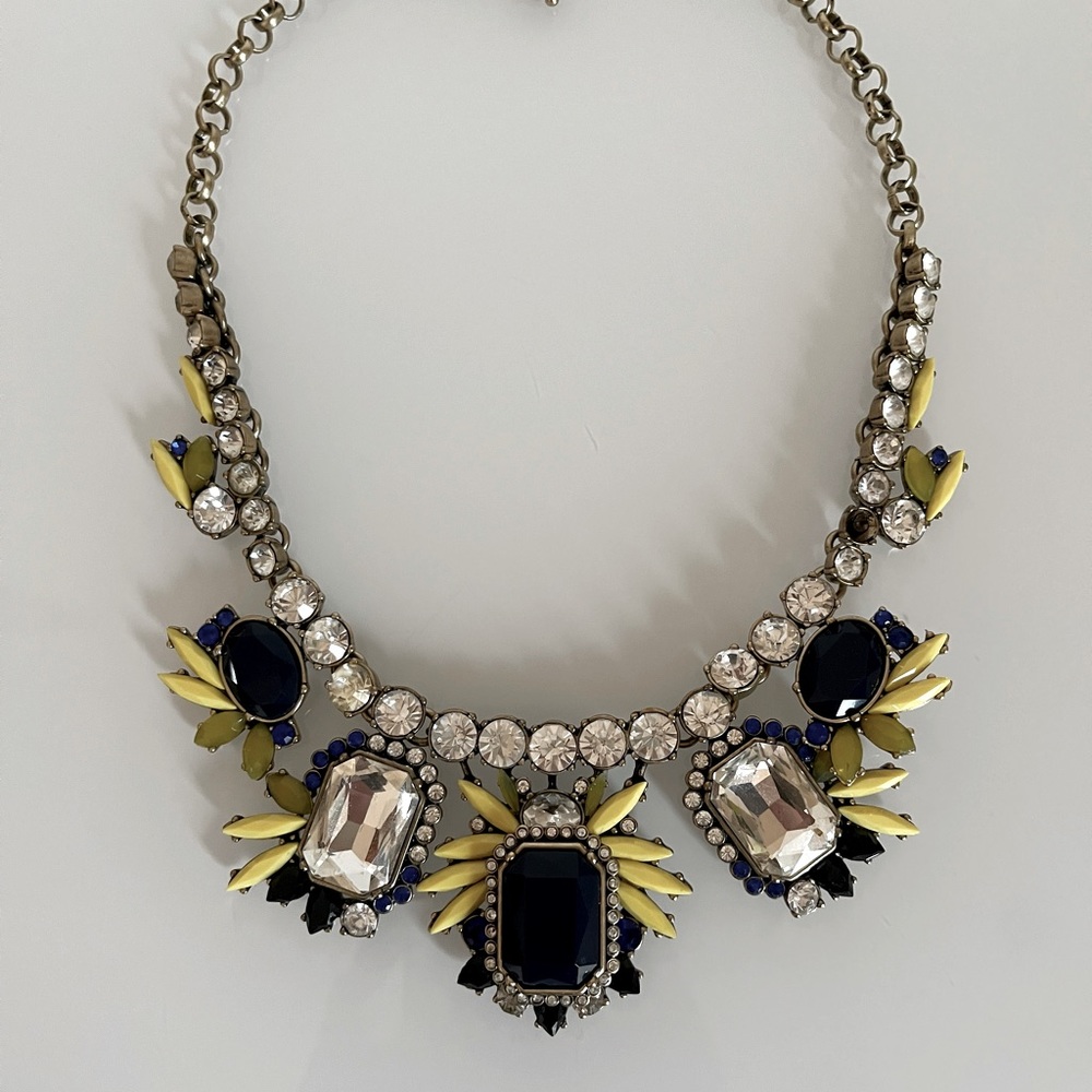 Vintage jcrew statement necklace rhinestone chain blue yellow j. Crew